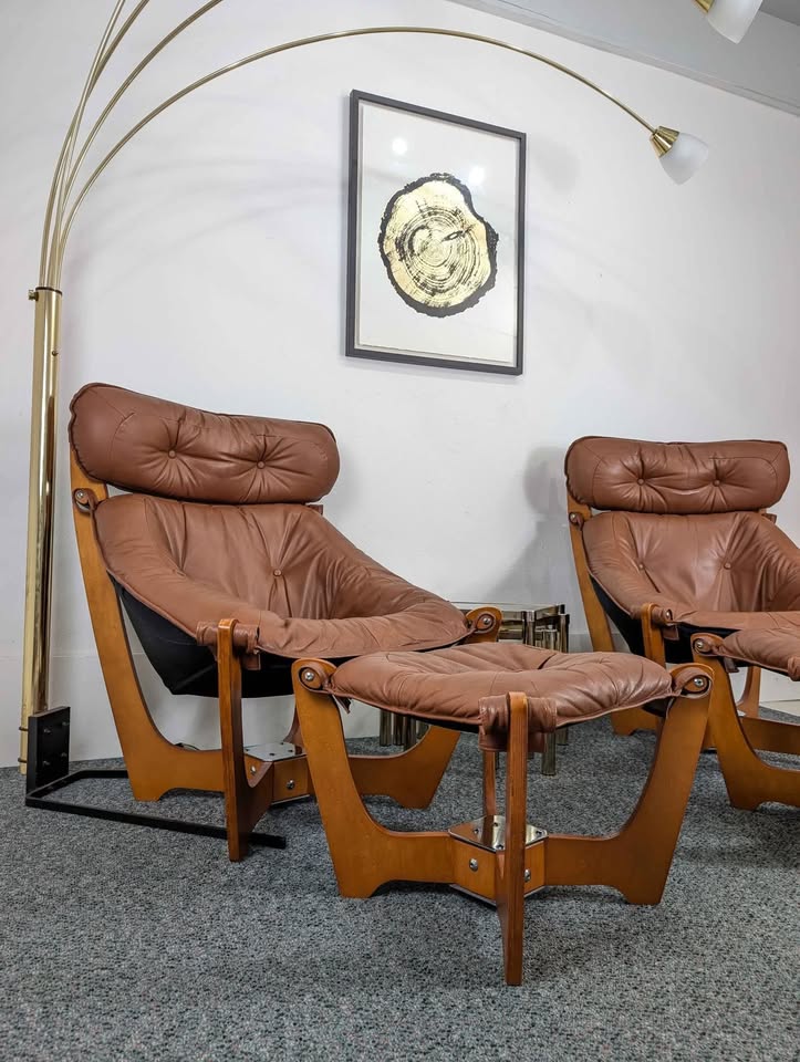 Pair of Brown Leather & Teak Luna Lounge Chairs & Ottomans