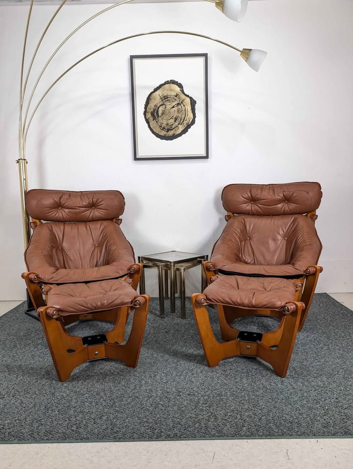 Pair of Brown Leather & Teak Luna Lounge Chairs & Ottomans