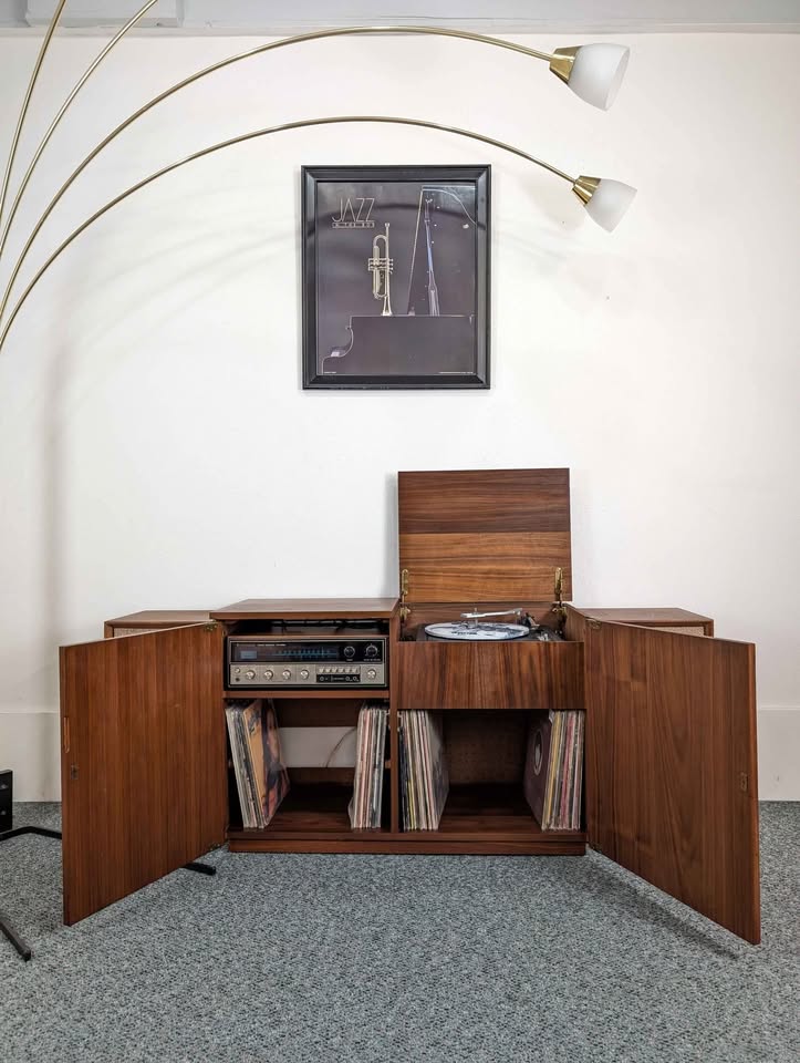 MCM Walnut Record Player Cabinet & Vinyl Storage by Hamlin