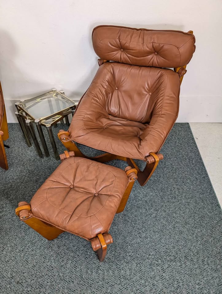 Pair of Brown Leather & Teak Luna Lounge Chairs & Ottomans