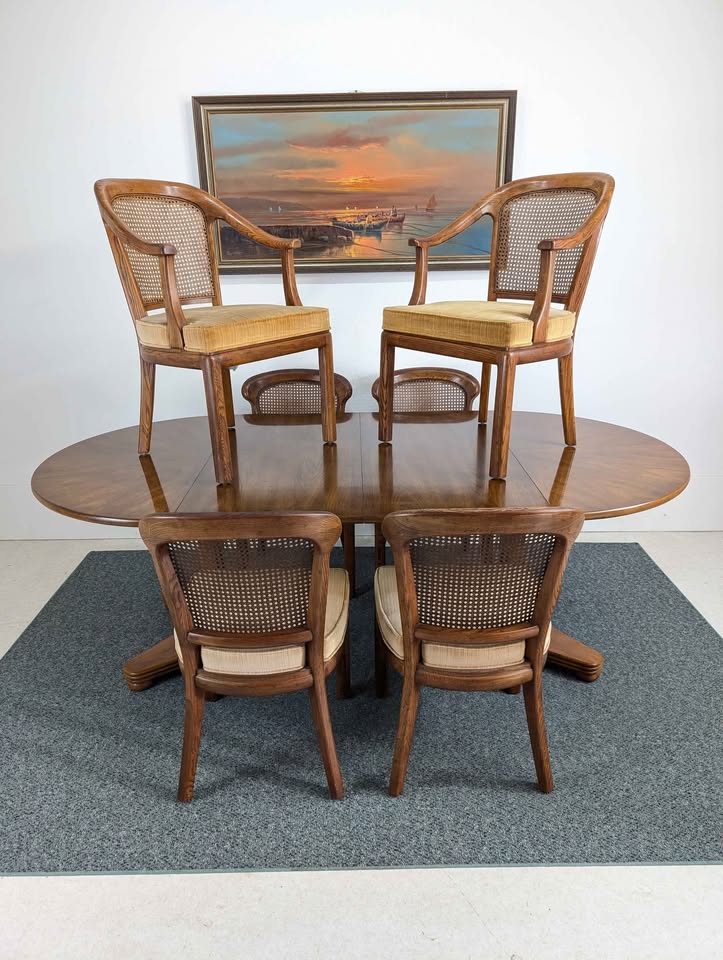 Mid Century Dining Table & 6 Gold Velvet Chairs