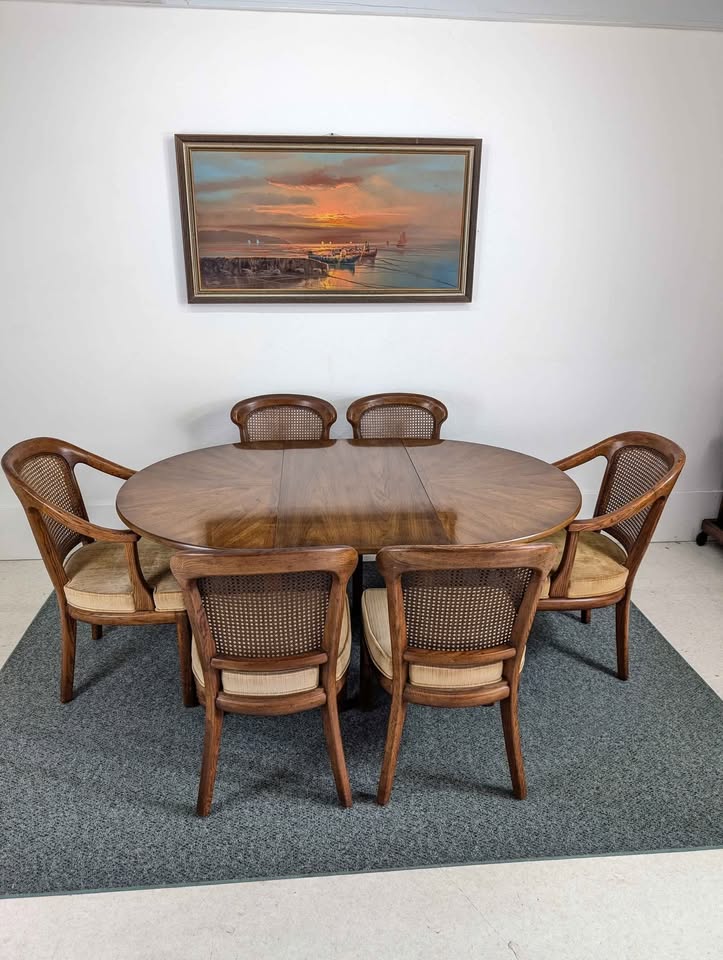 Mid Century Dining Table & 6 Gold Velvet Chairs