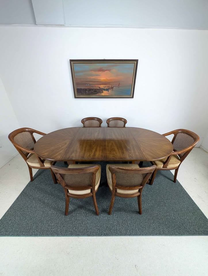 Mid Century Dining Table & 6 Gold Velvet Chairs