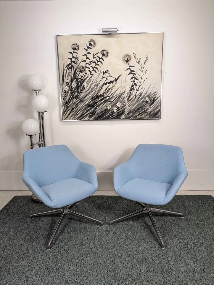 MCM Style Baby Blue & Chrome Swivel Lounge Chairs