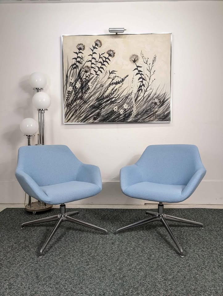 MCM Style Baby Blue & Chrome Swivel Lounge Chairs