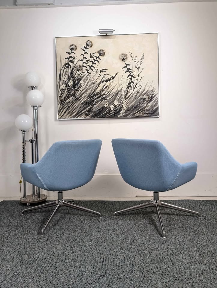 MCM Style Baby Blue & Chrome Swivel Lounge Chairs