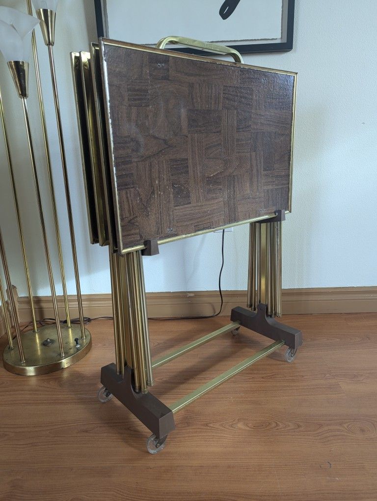 Vintage Set of 4 MCM Brass TV Trays & Rolling Cart