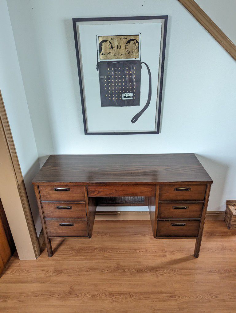 Vintage MCM Solid Walnut & Caned Back Desk w/ Laminate Top