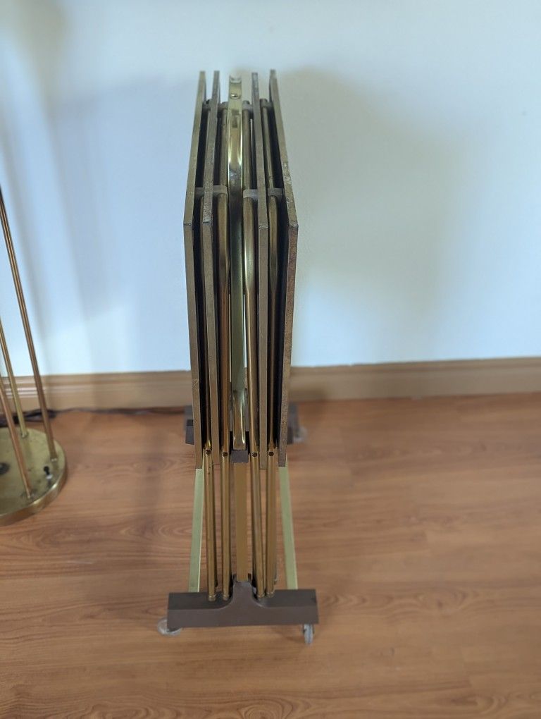 Vintage Set of 4 MCM Brass TV Trays & Rolling Cart