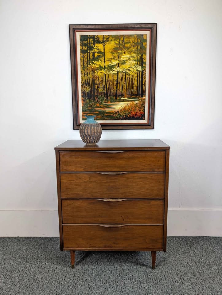 Handsome Little MCM Walnut 4 Drawer Laminate Top Highboy