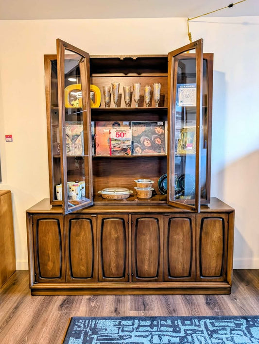 Large MCM Vintage Emphasis Collection Walnut China Hutch & Credenza by Broyhill