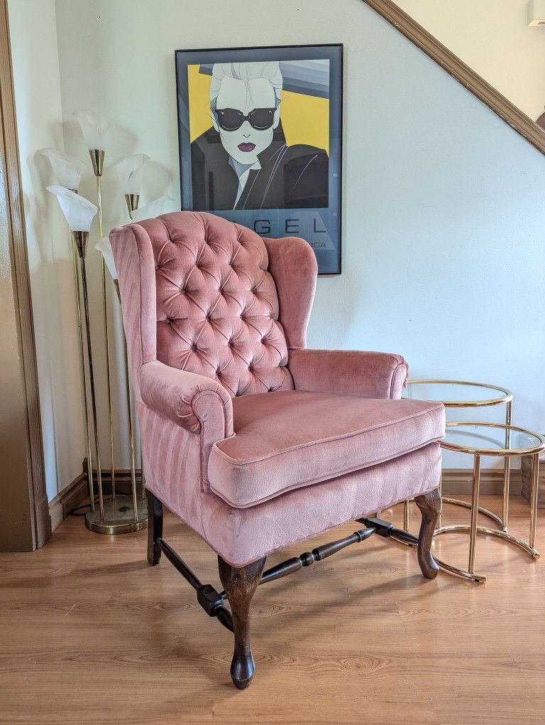 Postmodern Vintage Pink Velvet Upholstered Wingback Lounge Chairs