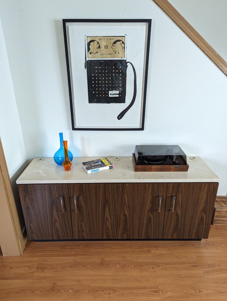 MCM Marble Top TV Media Credenza Record Player Stand & Storage Cabinet