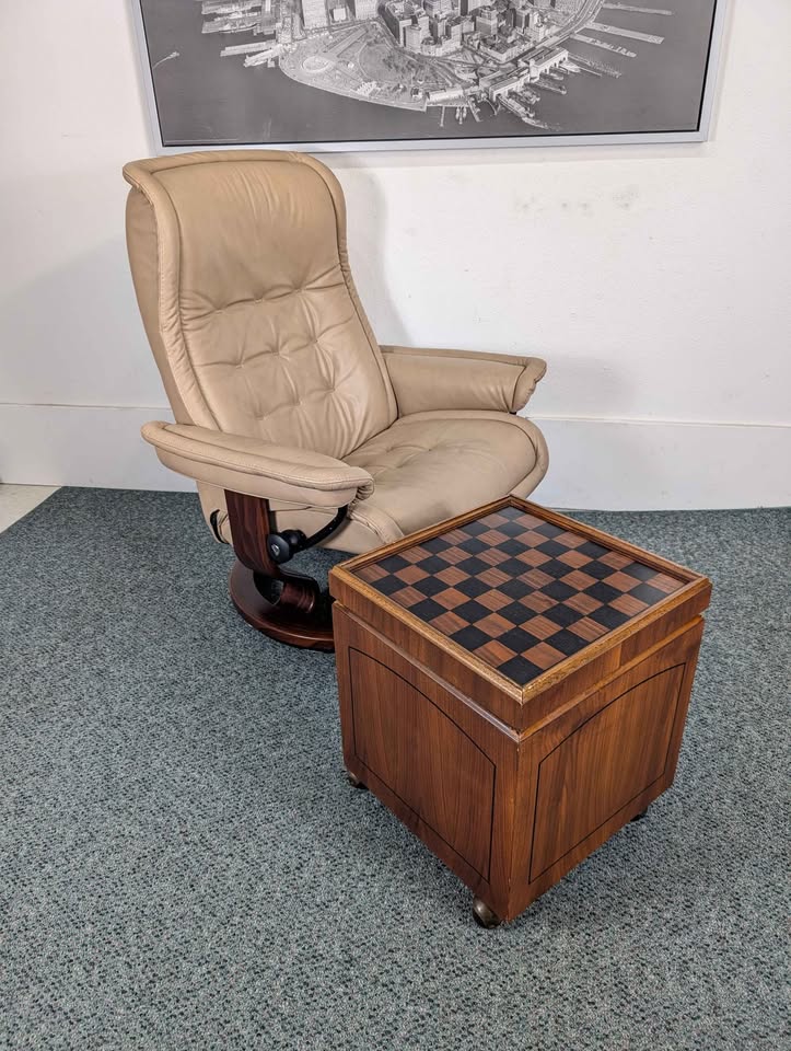 MCM Walnut Chess Board & Black Faux Leather Cube Chair / Ottoman by Lane