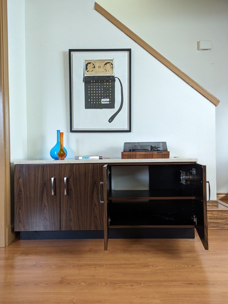 MCM Marble Top TV Media Credenza Record Player Stand & Storage Cabinet