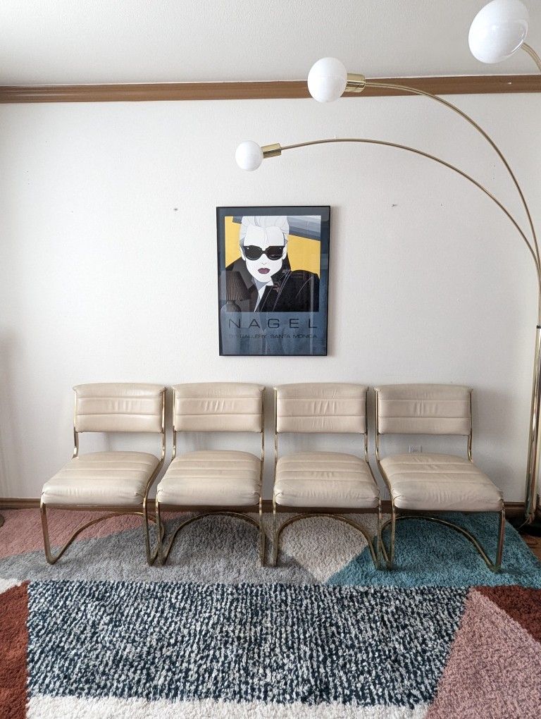 Stunning Postmodern Cream Leather, Brass & Glass Dining Set by Cal Style