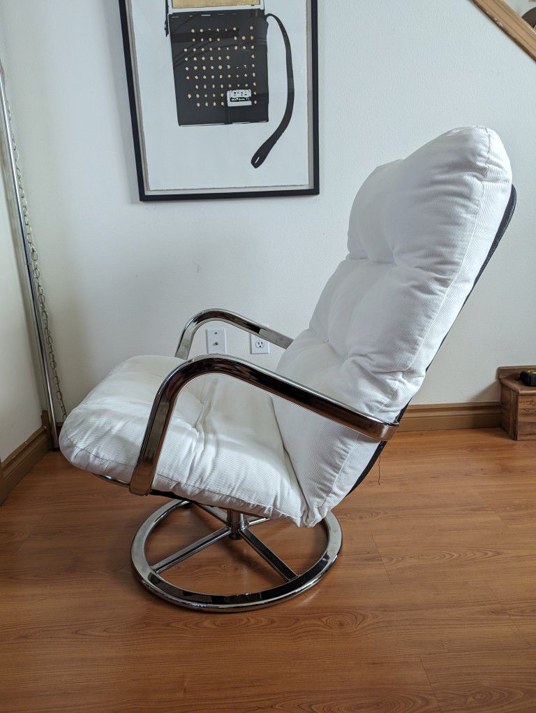 Vintage IKEA Smedsta Tufted White Corduroy Chrome Swivel Lounge Chair