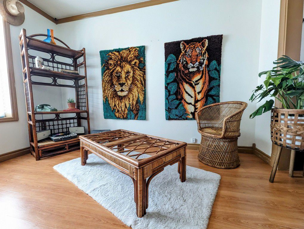 1970's Mid Century Boho Latch Hook Tiger & Lion Wall Art