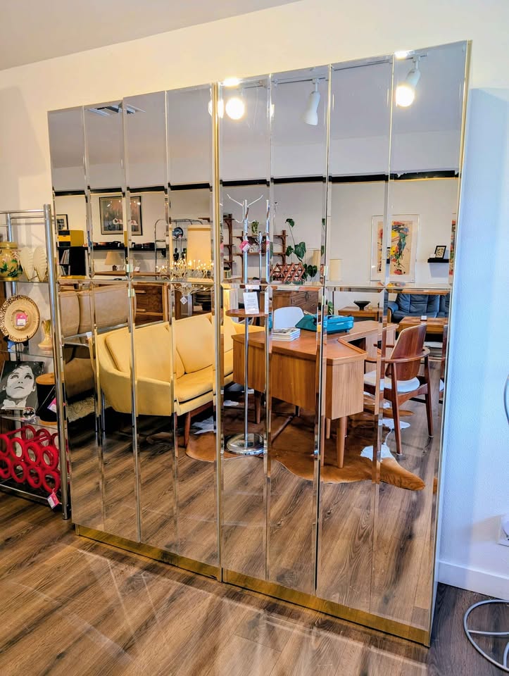 Large Vintage Mirrored Wall Unit w/ Brass Accents by Mobilia