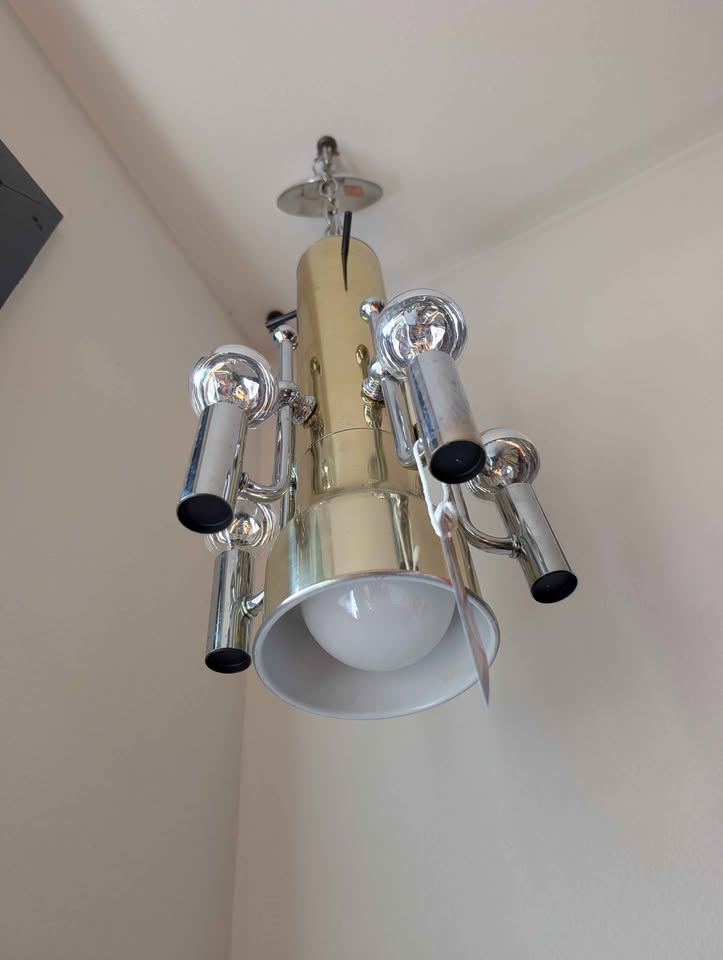 MCM Brass & Chrome Swag Light Chandelier by LA Lighting