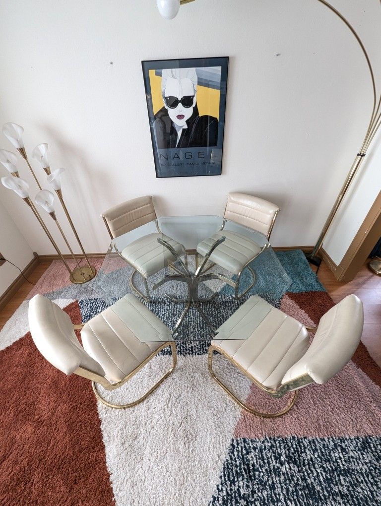 Stunning Postmodern Cream Leather, Brass & Glass Dining Set by Cal Style
