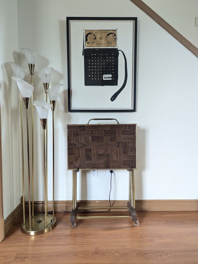 Vintage Set of 4 MCM Brass TV Trays & Rolling Cart