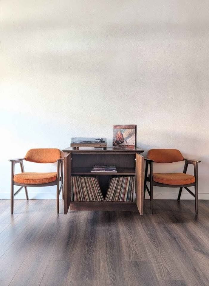 MCM Walnut Record Player Stand & Vinyl Storage Credenza