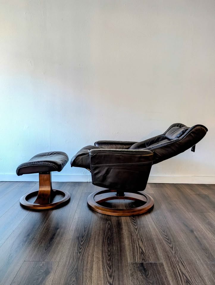 Small Scandinavian Brown Leather Lounge Chair & Ottoman by IMG