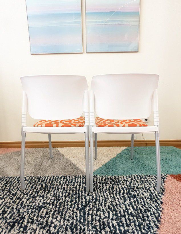 Pair Modern Flex Back White Orange Stackable Office Chairs