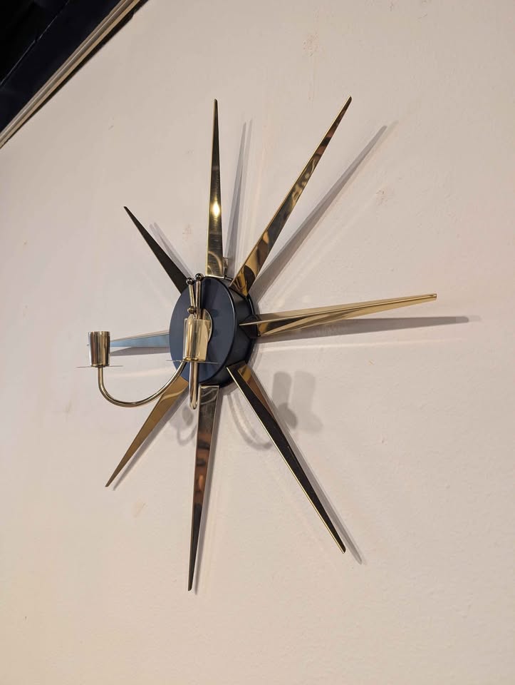 Set of 3 MCM Brass Atomic Starburst Clock & Candle Holders