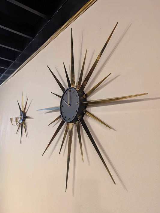 Set of 3 MCM Brass Atomic Starburst Clock & Candle Holders