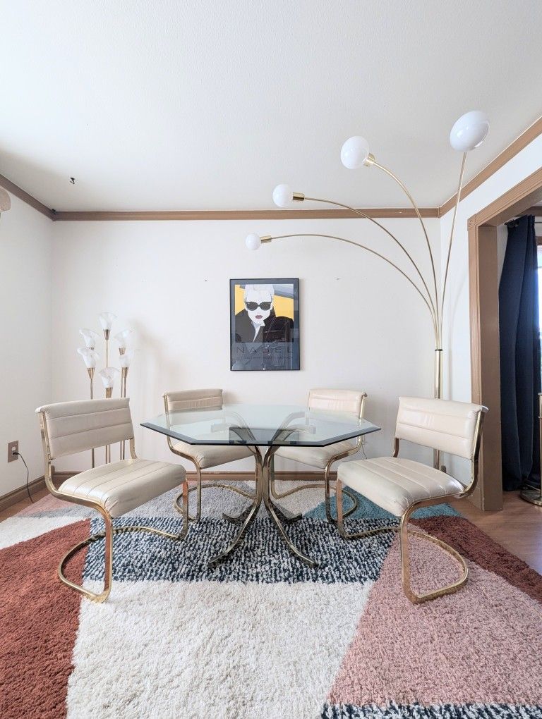 Stunning Postmodern Cream Leather, Brass & Glass Dining Set by Cal Style