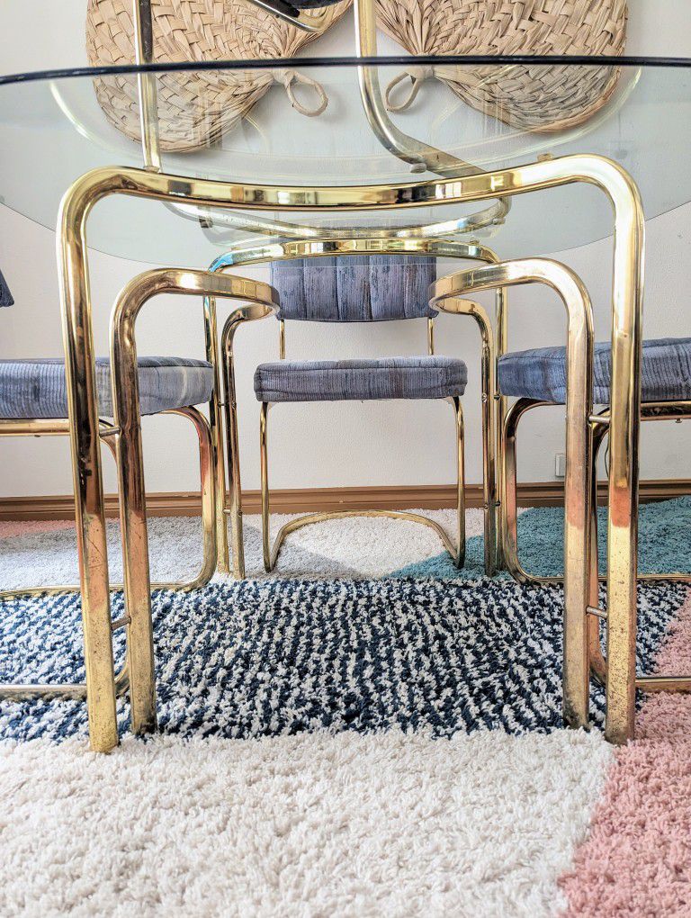 Periwinkle Blue & Brass Postmodern Dining Table Set w/ 4 Chairs