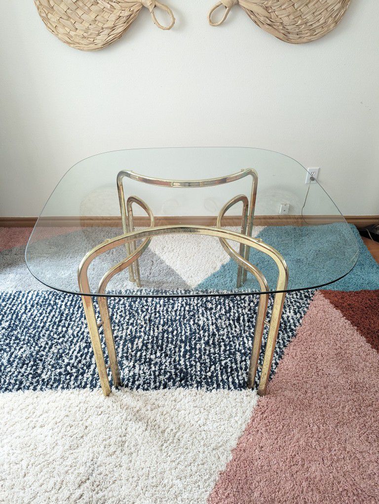 Periwinkle Blue & Brass Postmodern Dining Table Set w/ 4 Chairs
