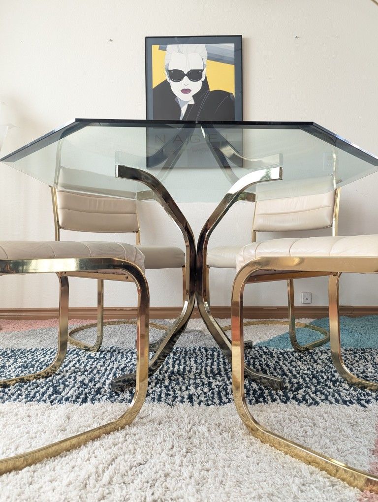 Stunning Postmodern Cream Leather, Brass & Glass Dining Set by Cal Style