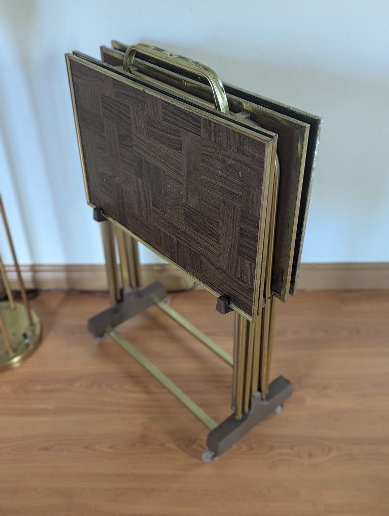 Vintage Set of 4 MCM Brass TV Trays & Rolling Cart