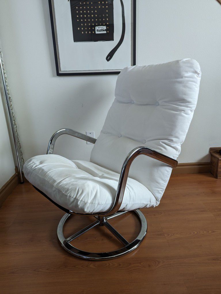 Vintage IKEA Smedsta Tufted White Corduroy Chrome Swivel Lounge Chair