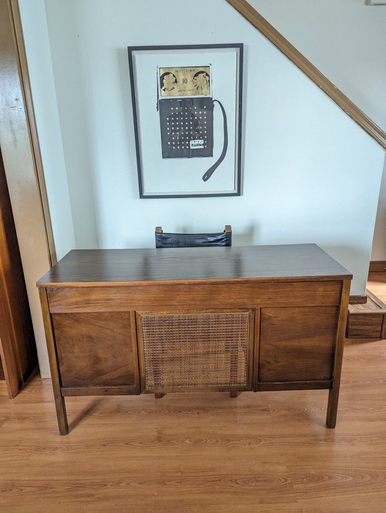 Vintage MCM Solid Walnut & Caned Back Desk w/ Laminate Top