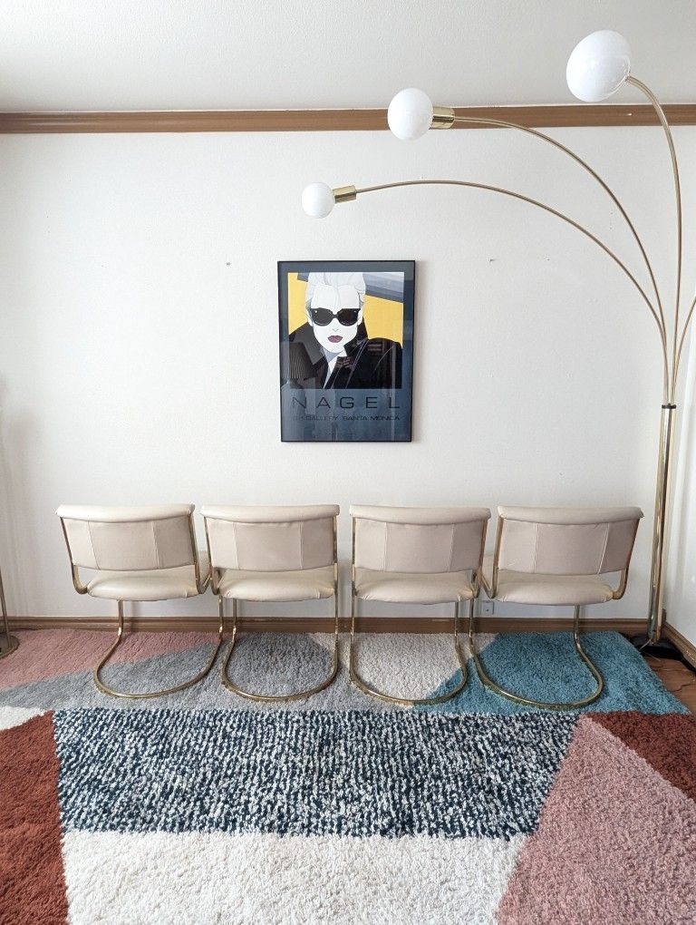 Stunning Postmodern Cream Leather, Brass & Glass Dining Set by Cal Style