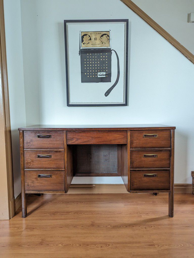 Vintage MCM Solid Walnut & Caned Back Desk w/ Laminate Top