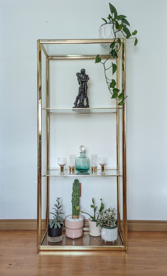 Mid Century Rectangular Brass Etagere Display w/ 4 Glass Shelves