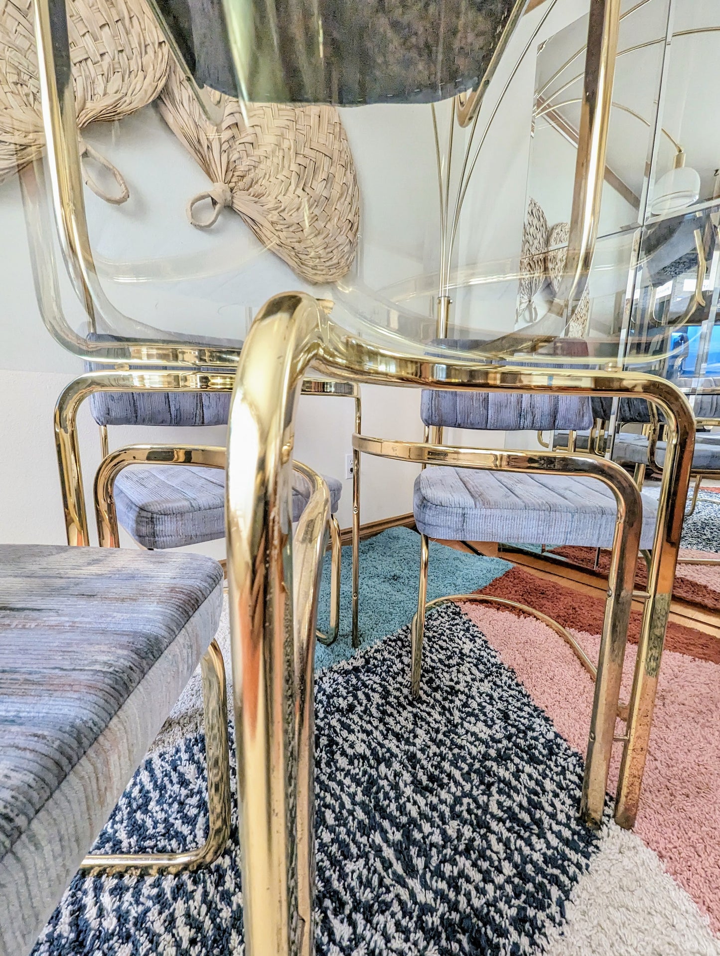 Periwinkle Blue & Brass Postmodern Dining Table Set w/ 4 Chairs