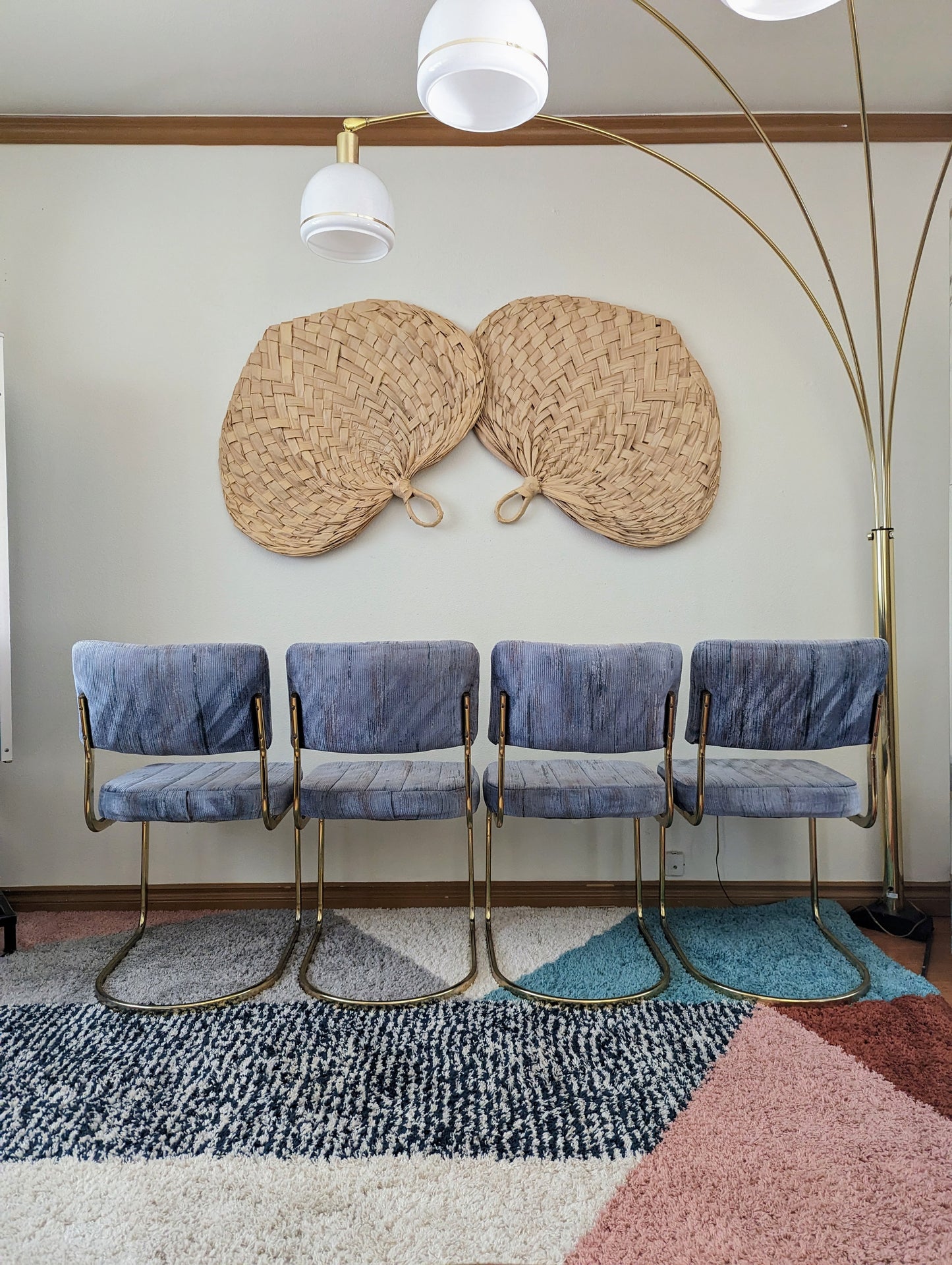 Periwinkle Blue & Brass Postmodern Dining Table Set w/ 4 Chairs