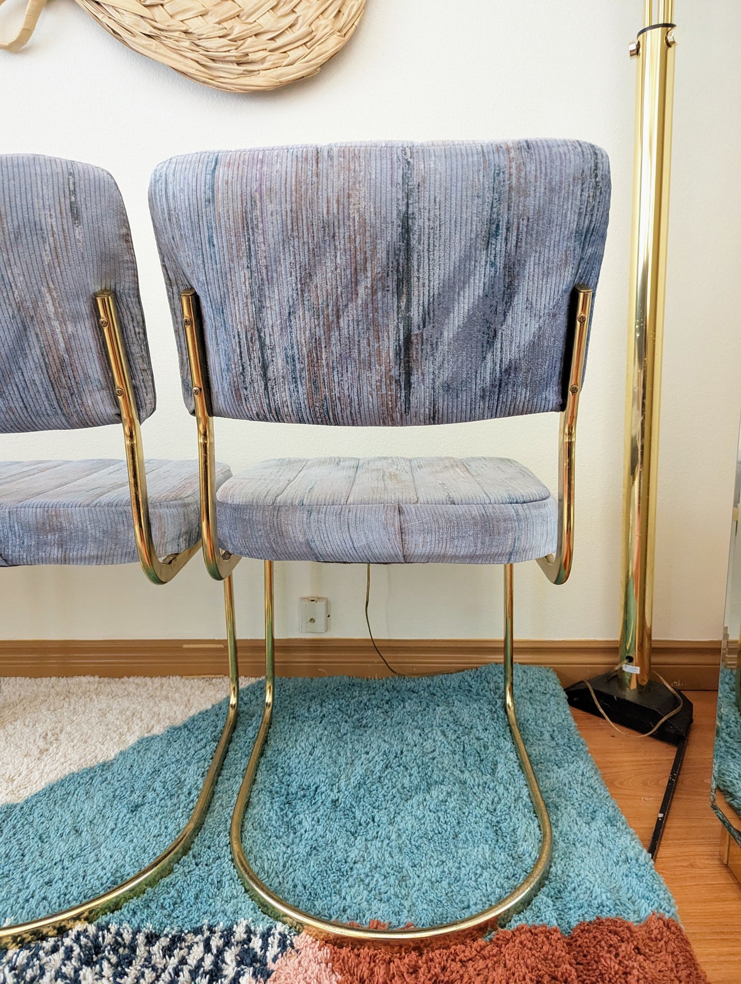 Periwinkle Blue & Brass Postmodern Dining Table Set w/ 4 Chairs