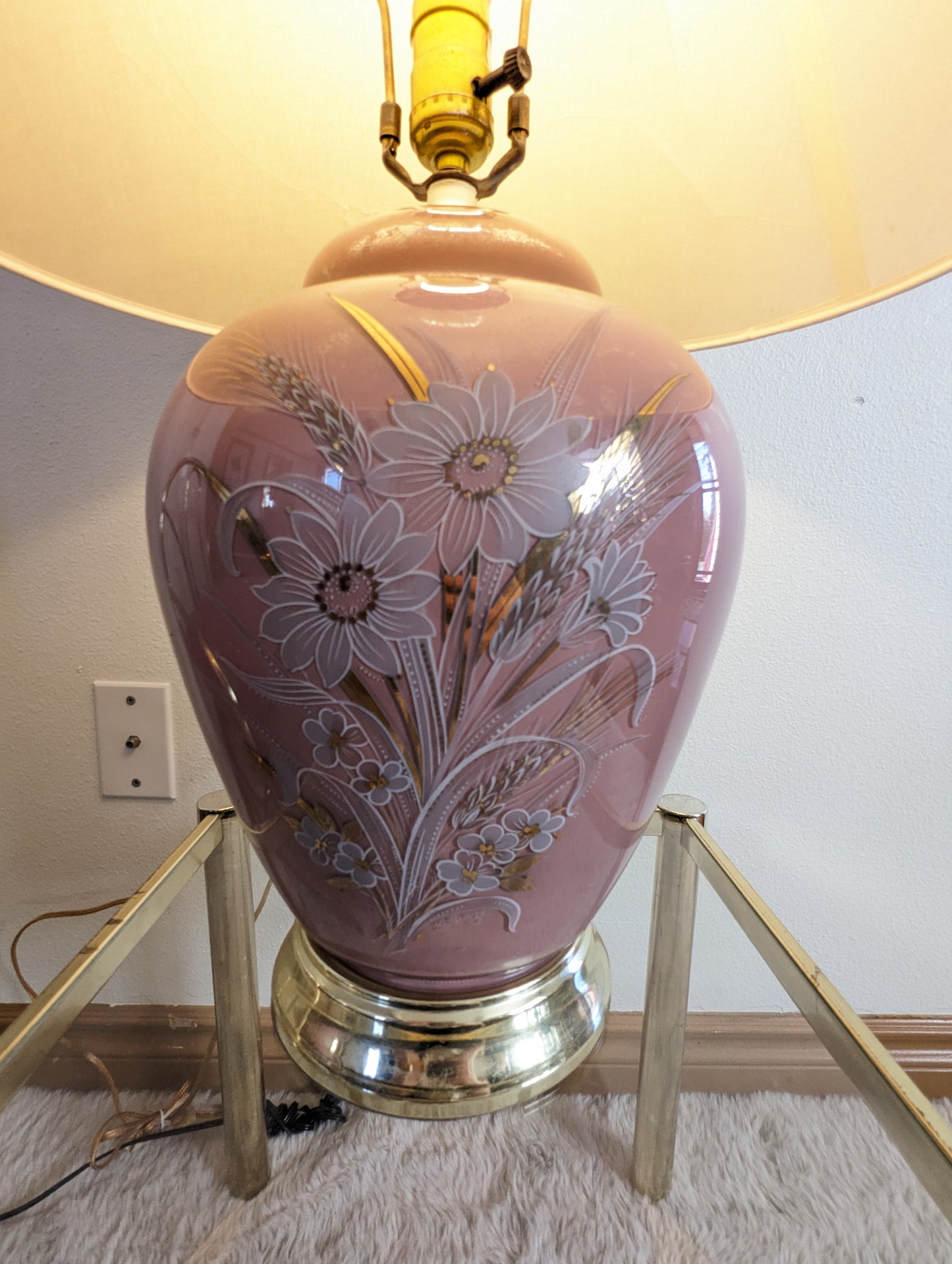 Vintage Postmodern Asian Ginger Jar Glass Floral Pink Table Lamp