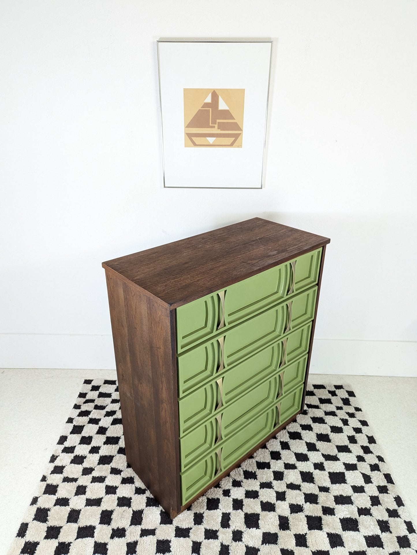 MCM Green Front 5 Drawer Walnut Highboy Dresser