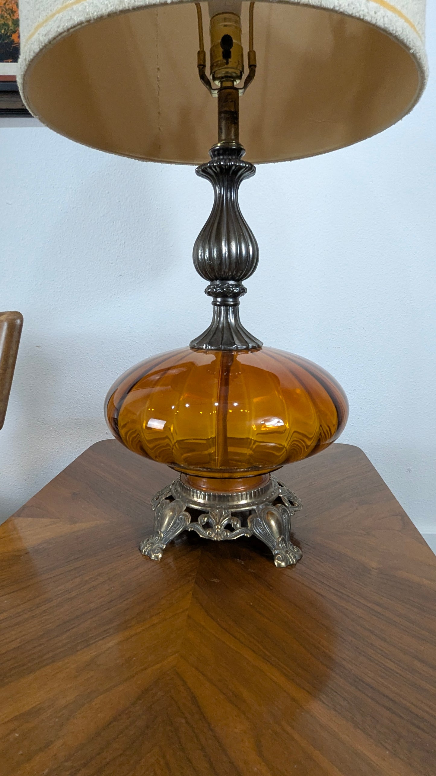 Vintage Retro Hollywood Regency Amber Glass Pair of Lamps