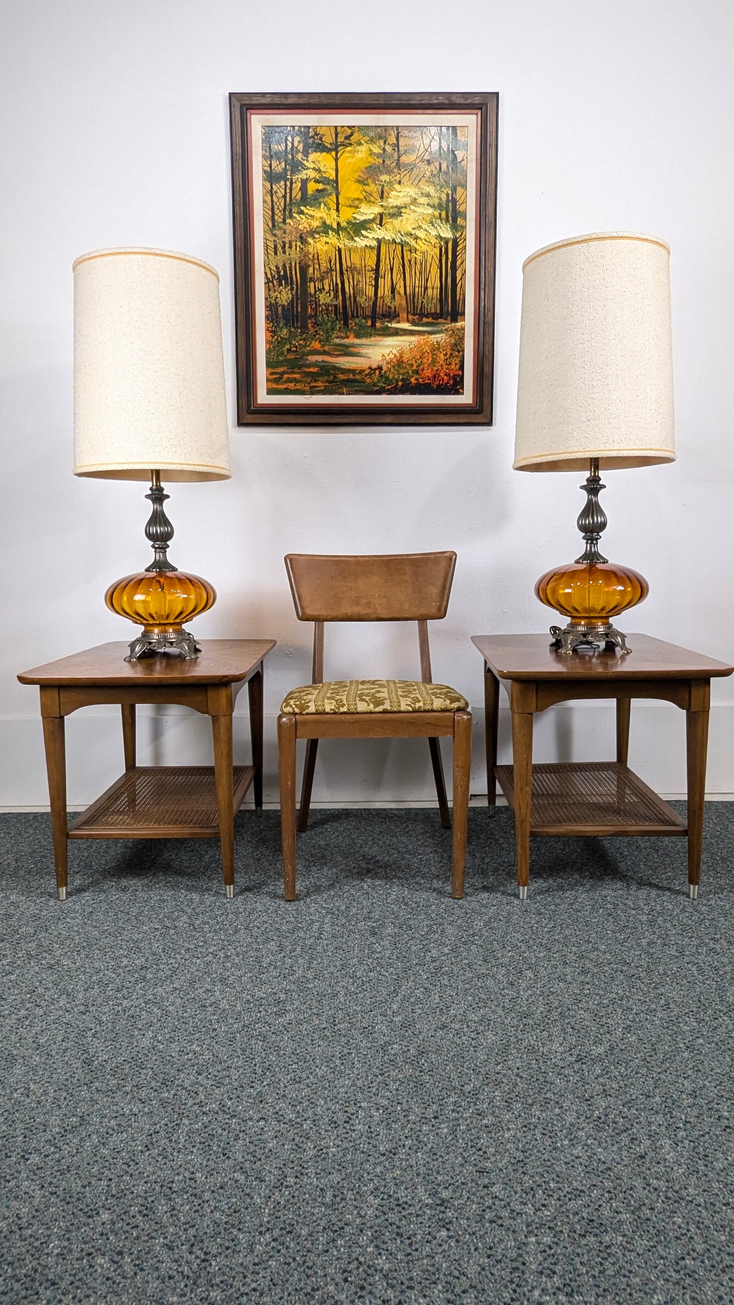 Vintage Retro Hollywood Regency Amber Glass Pair of Lamps