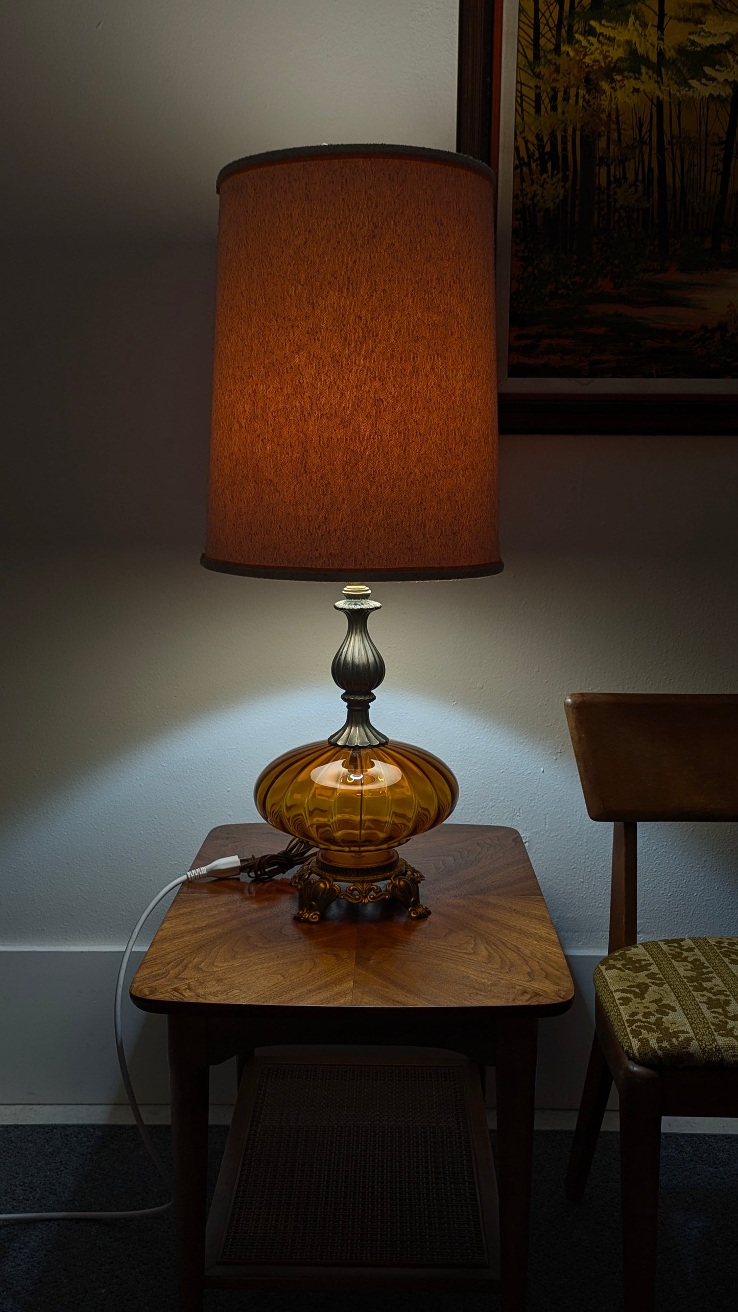 Vintage Retro Hollywood Regency Amber Glass Pair of Lamps