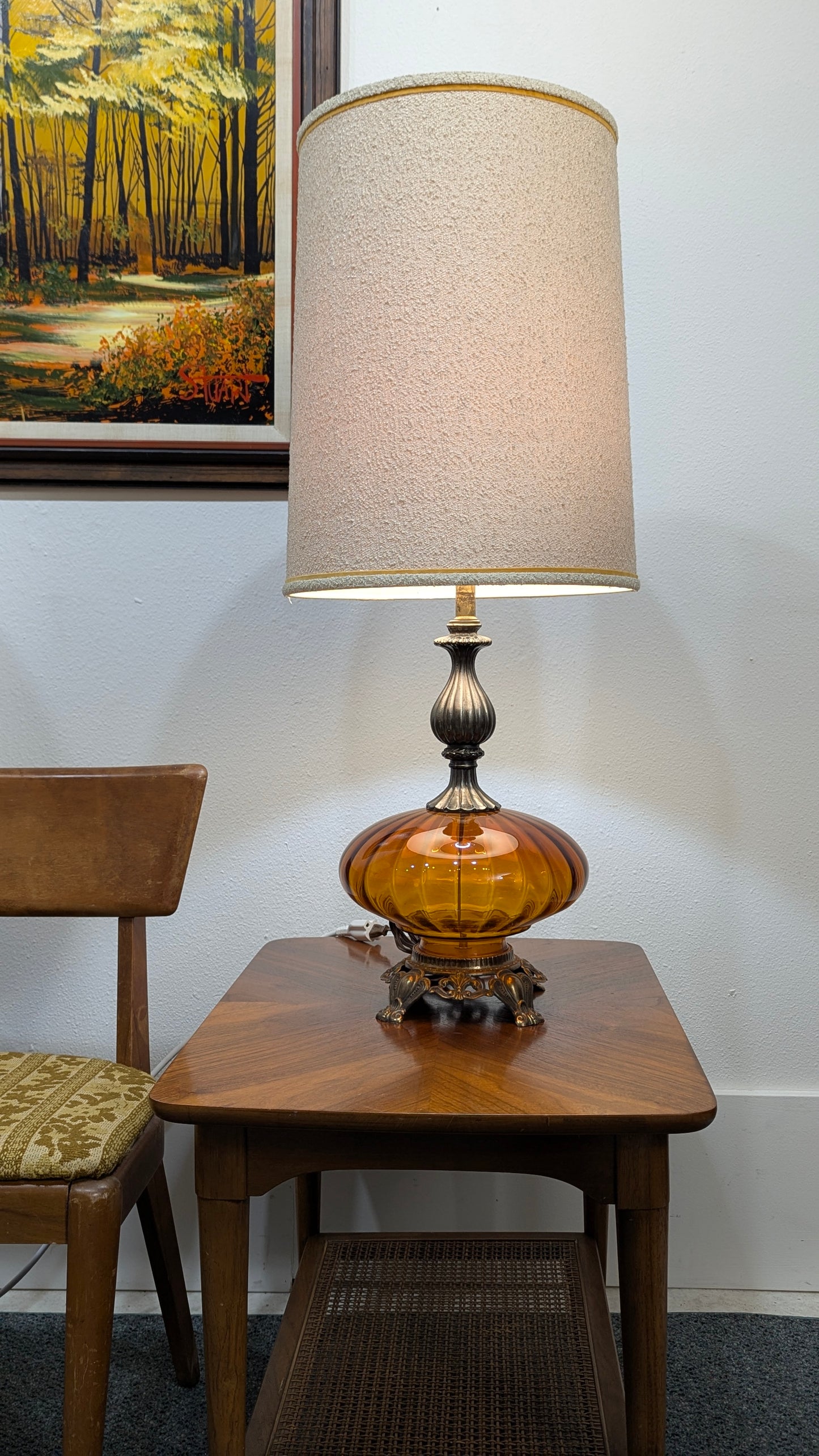 Vintage Retro Hollywood Regency Amber Glass Pair of Lamps